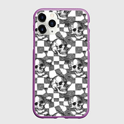 Чехол iPhone 11 Pro матовый Черепа и клетчатый фон с дырами, цвет: 3D-фиолетовый