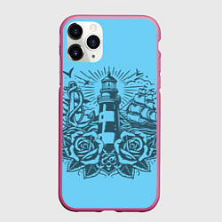 Чехол iPhone 11 Pro матовый Маяк с розами и кораблем, цвет: 3D-малиновый