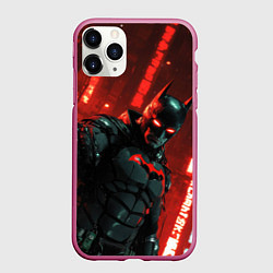 Чехол iPhone 11 Pro матовый Черный Бэтмен на фоне красного города, цвет: 3D-малиновый