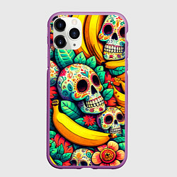 Чехол iPhone 11 Pro матовый Паттерн из черепов и бананов - нейроарт, цвет: 3D-фиолетовый