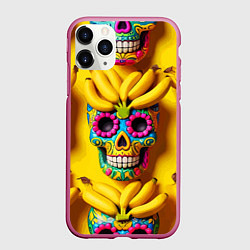 Чехол iPhone 11 Pro матовый Мексиканские черепа и бананы - паттерн, цвет: 3D-малиновый