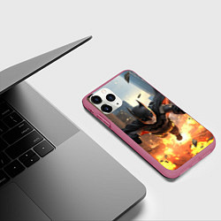 Чехол iPhone 11 Pro матовый Бэтмен в полете над огнем, цвет: 3D-малиновый — фото 2