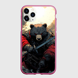 Чехол iPhone 11 Pro матовый Медведь самурай, цвет: 3D-малиновый
