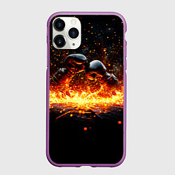 Чехол iPhone 11 Pro матовый Кикбоксеркие перчатки в огне, цвет: 3D-фиолетовый