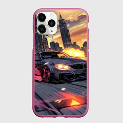 Чехол iPhone 11 Pro матовый БМВ на скорости - огонь из под колес, цвет: 3D-малиновый