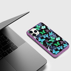 Чехол iPhone 11 Pro матовый Бабочки и тропические цветы на черном фоне, цвет: 3D-фиолетовый — фото 2