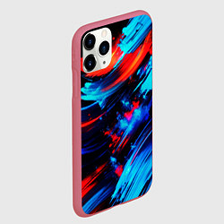 Чехол iPhone 11 Pro матовый Синие и красные мазки краски на черном, цвет: 3D-малиновый — фото 2