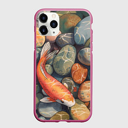 Чехол iPhone 11 Pro матовый Акварельный Кои карп и камушки галька, цвет: 3D-малиновый