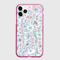 Чехол iPhone 11 Pro матовый Белый в рисованный цветочек, цвет: 3D-малиновый