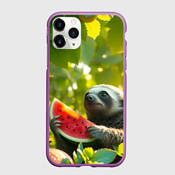 Чехол iPhone 11 Pro матовый Ленивец с арбузом среди зелени, цвет: 3D-фиолетовый