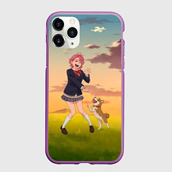 Чехол iPhone 11 Pro матовый Сиратори Айра играет с песиком - Дандадан, цвет: 3D-фиолетовый