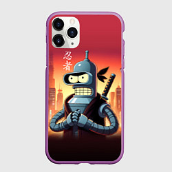 Чехол iPhone 11 Pro матовый Крутой ниндзя Бендер в ночном городе, цвет: 3D-фиолетовый