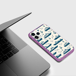 Чехол iPhone 11 Pro матовый Морской паттерн из чаек, якорей и кораблей, цвет: 3D-фиолетовый — фото 2