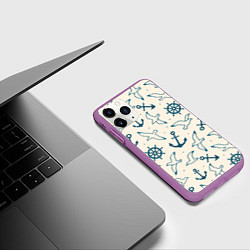 Чехол iPhone 11 Pro матовый Морской паттерн из штурвалов, чаек и якорей, цвет: 3D-фиолетовый — фото 2