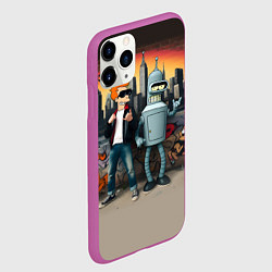 Чехол iPhone 11 Pro матовый Фрай и Бендер на фоне стены с граффити, цвет: 3D-фиолетовый — фото 2