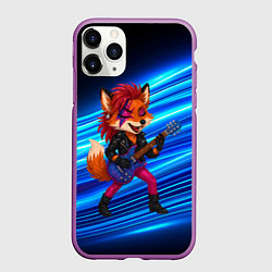 Чехол iPhone 11 Pro матовый Лиса в косухе и гитарой - рок звезда, цвет: 3D-фиолетовый