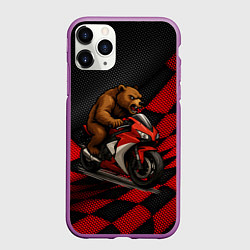 Чехол iPhone 11 Pro матовый Медведь мотоциклист, цвет: 3D-фиолетовый