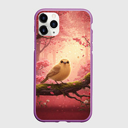 Чехол iPhone 11 Pro матовый Желтая птица в розовом цветущем лесу, цвет: 3D-фиолетовый