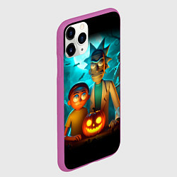 Чехол iPhone 11 Pro матовый Morty and Rick with pumpkin - neon halloween, цвет: 3D-фиолетовый — фото 2