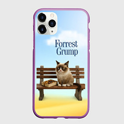 Чехол iPhone 11 Pro матовый Пародия Форрест Гамп - кот на скамейке, цвет: 3D-фиолетовый