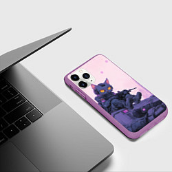Чехол iPhone 11 Pro матовый Кот в стиле киберпанк на крыше с автоматом, цвет: 3D-фиолетовый — фото 2
