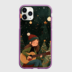 Чехол iPhone 11 Pro матовый Новогодняя гитаристка, цвет: 3D-фиолетовый