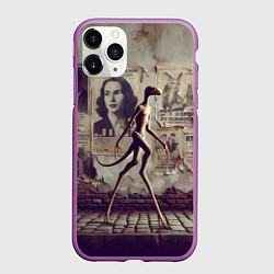 Чехол iPhone 11 Pro матовый Пришелец идёт вдоль стены с рваными афишами, цвет: 3D-фиолетовый