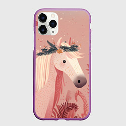 Чехол iPhone 11 Pro матовый Лошадка с новогодним венком, цвет: 3D-фиолетовый