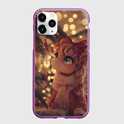 Чехол iPhone 11 Pro матовый Лошадка любуется новогодней елкой, цвет: 3D-фиолетовый