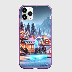 Чехол iPhone 11 Pro матовый Городок в новогодних огоньках, цвет: 3D-фиолетовый