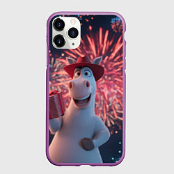 Чехол iPhone 11 Pro матовый Лошадь с подарком на фоне салюта, цвет: 3D-фиолетовый