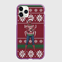 Чехол iPhone 11 Pro матовый Человек паук в вязаном свитере - новый год, цвет: 3D-фиолетовый