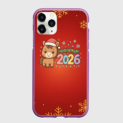 Чехол iPhone 11 Pro матовый Новогодняя лошадка 2026 на красном фоне, цвет: 3D-фиолетовый