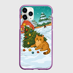 Чехол iPhone 11 Pro матовый Толстый кот уронил елку, цвет: 3D-фиолетовый