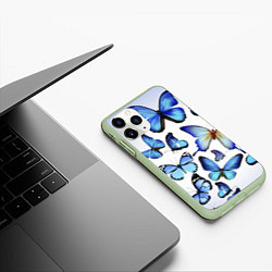 Чехол iPhone 11 Pro матовый Голубые бабочки, цвет: 3D-салатовый — фото 2