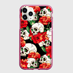 Чехол iPhone 11 Pro матовый Черепки и розы, цвет: 3D-малиновый