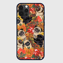 Чехол для iPhone 12 Pro Max Мопсики Цветочки, цвет: 3D-черный