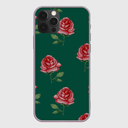 Чехол для iPhone 12 Pro Max Ярко красные розы на темно-зеленом фоне, цвет: 3D-серый