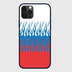 Чехол для iPhone 12 Pro Max Флаг России пламя, цвет: 3D-черный