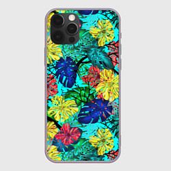 Чехол для iPhone 12 Pro Max Тропические растения на бирюзовом фоне, цвет: 3D-серый
