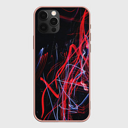 Чехол для iPhone 12 Pro Max Неоновые лучи в абстракции - Красный и синий, цвет: 3D-светло-розовый