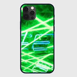 Чехол для iPhone 12 Pro Max Неоновые лучи и буквы - Зелёный, цвет: 3D-черный