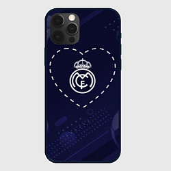 Чехол для iPhone 12 Pro Max Лого Real Madrid в сердечке на фоне мячей, цвет: 3D-черный