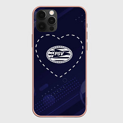 Чехол для iPhone 12 Pro Max Лого PSV в сердечке на фоне мячей, цвет: 3D-светло-розовый