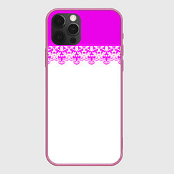 Чехол для iPhone 12 Pro Max White and pink lace pattern, цвет: 3D-малиновый