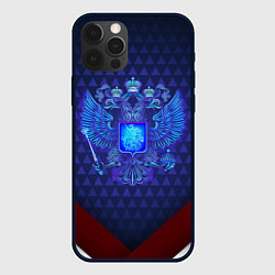 Чехол для iPhone 12 Pro Max Синий неоновый герб России, цвет: 3D-черный