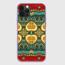 Чехол для iPhone 12 Pro Max Золотые узоры на бирюзовом фоне, цвет: 3D-сиреневый