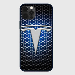 Чехол для iPhone 12 Pro Max Tesla - металлический логотип на сетке, цвет: 3D-черный