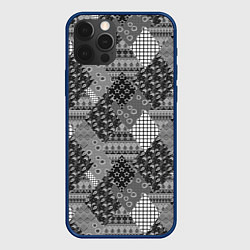 Чехол для iPhone 12 Pro Max Black and White Ethnic Patchwork Pattern, цвет: 3D-тёмно-синий