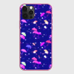 Чехол для iPhone 12 Pro Max Неоновые зонтики на фиолетовом фоне, цвет: 3D-малиновый